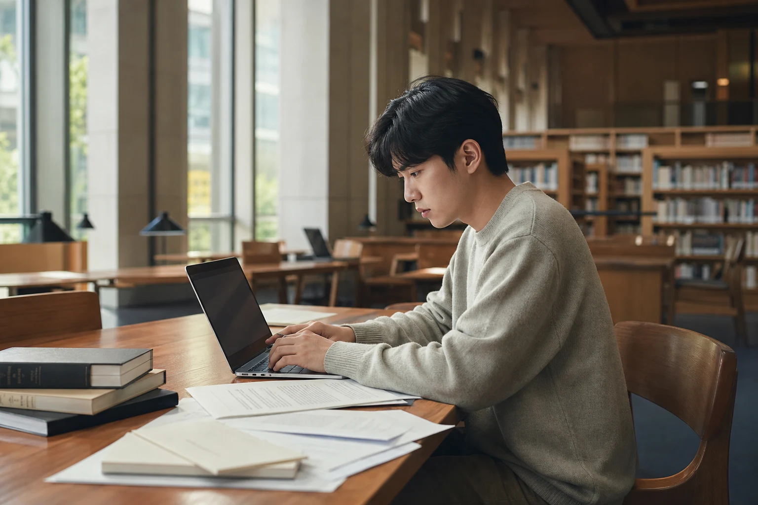 도서관에서 원서를 작성하는 학생 — 미국 대학 지원 절차