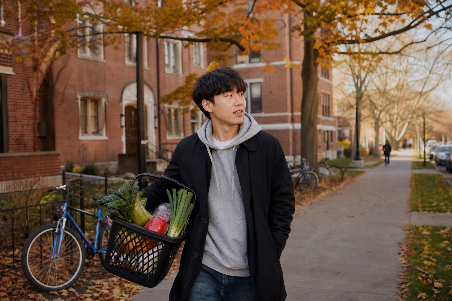 가을 미국 대학가 거리를 걷는 유학생 — 현지 생활